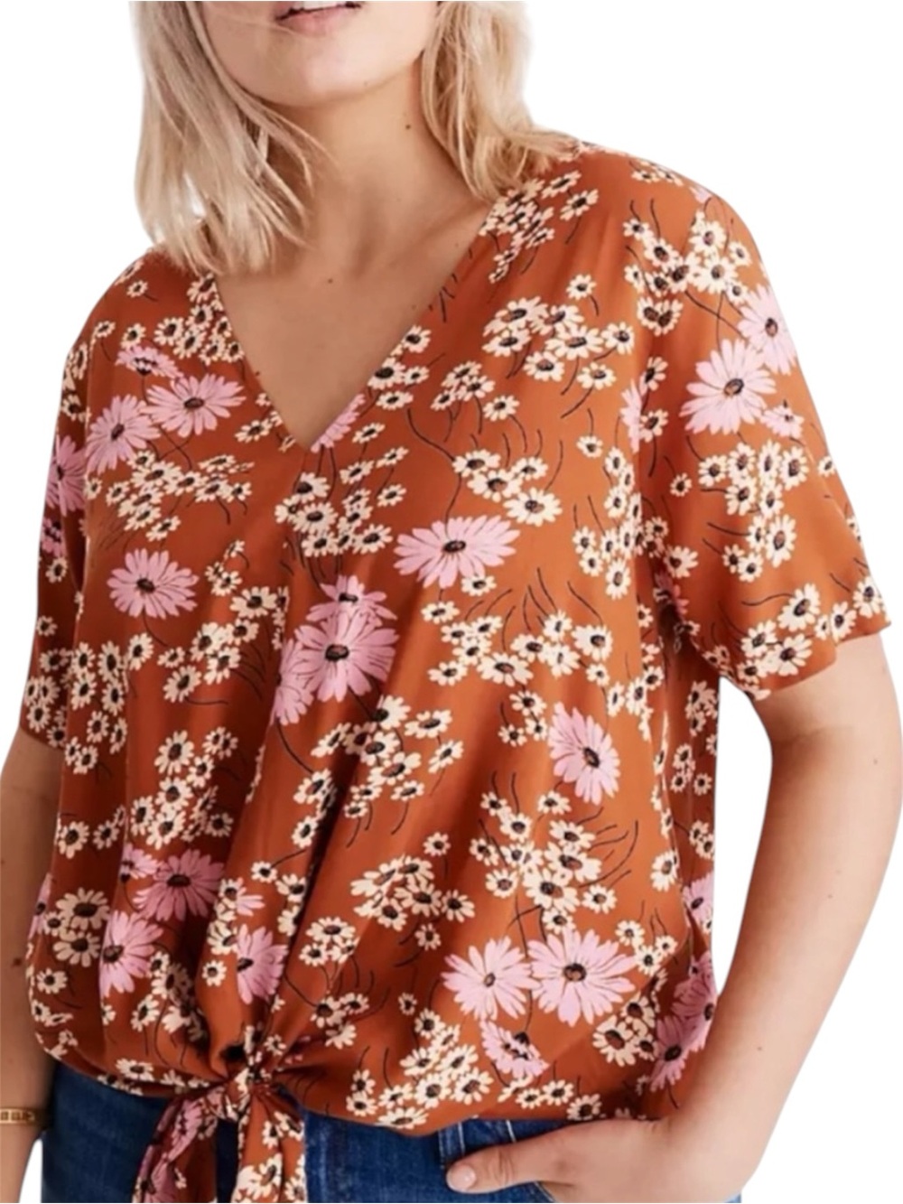 Madewell Novel Tie-Front Floral V-Neck Short Sleeve Top Hillside Daisies Size S